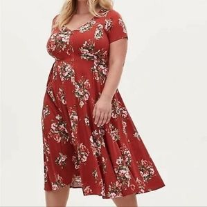 Floral Fit-and-Flare Midi Dress in Rust Red